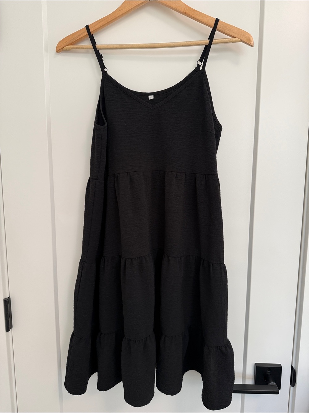 Black Sleeveless Tiered Mini Dress Small Boho Babydoll Dress Adjustable Straps